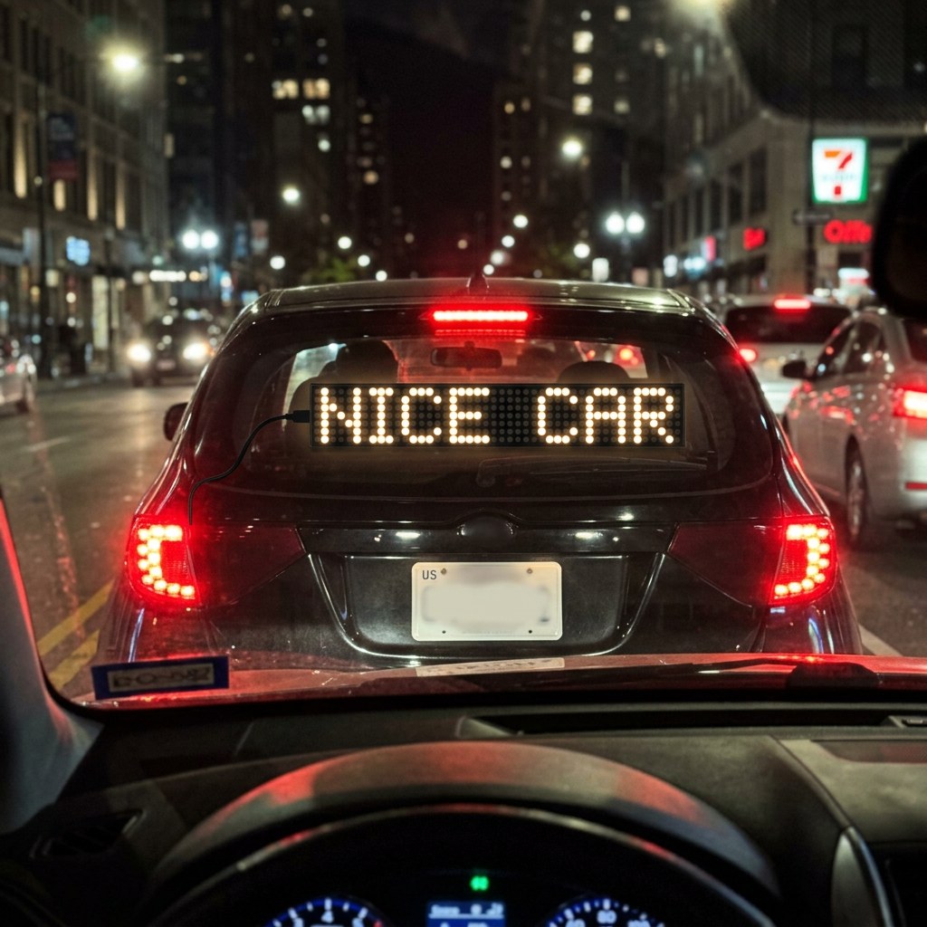 NICE CAR scrolling on an LED rear window display, seen from the car behind