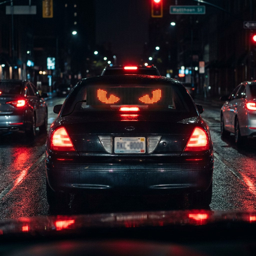 Red devil eyes glowing on an LED display in a car rear window at night