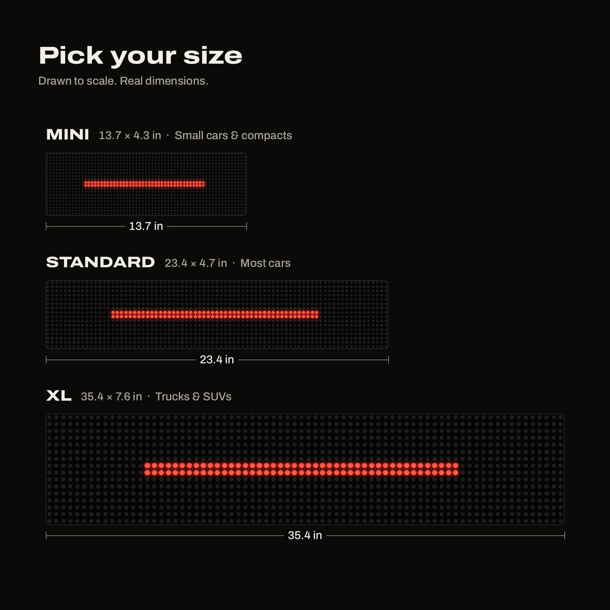 Size chart drawn to scale: Mini 13.7 x 4.3 in, Standard 23.4 x 4.7 in, XL 35.4 x 7.6 in