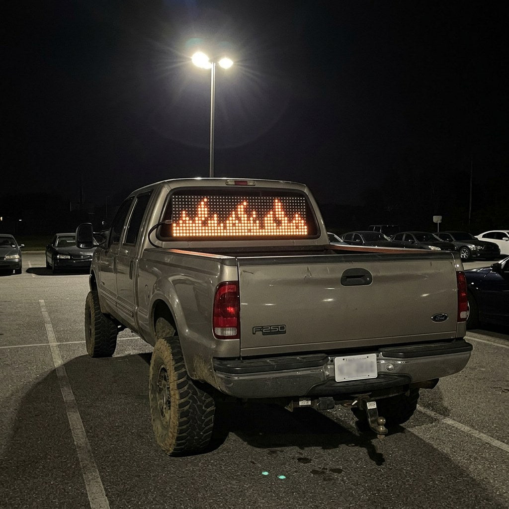 Pixel flames on an LED display in a pickup truck rear window